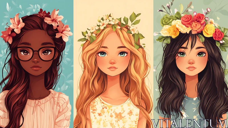 Three Artistic Girls with Floral Crowns in Soft Pastel Portraits.