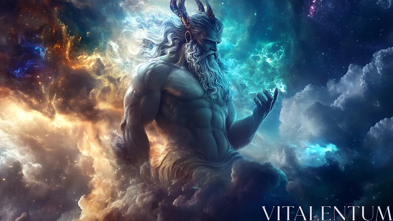 Cosmic stormforger god cradles swirling galaxies in hand.