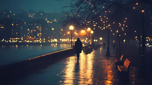 Cinematic night promenade with reflective wet pavement lighting.