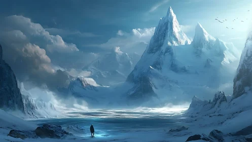 Lone explorer crossing vast frozen mountain valley.