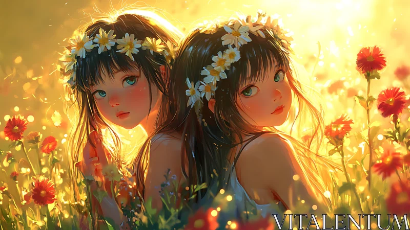 Golden hour sisters share a gentle moment in wildflowers