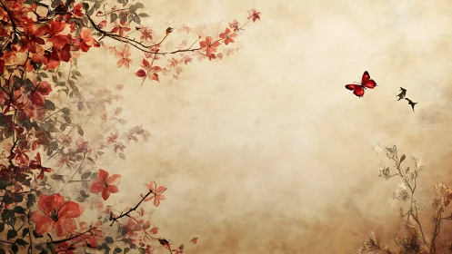 Floral branches and red butterfly on textured parchment backdrop