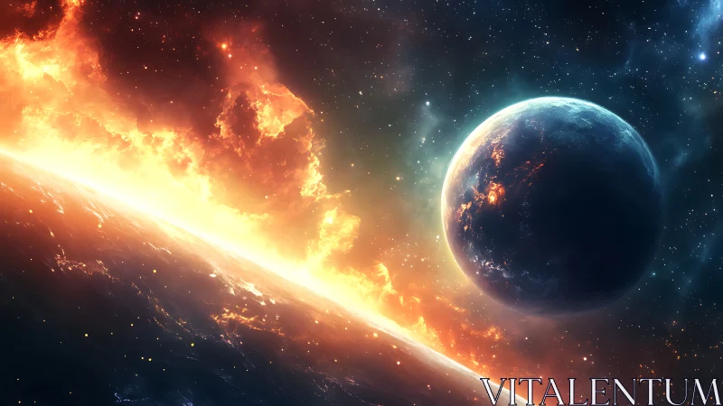 Exploding star horizon with illuminated nearby planet in space.