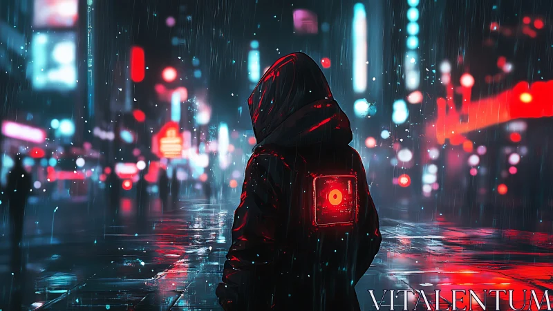 Lone hooded figure in neon cyberpunk rain city street.