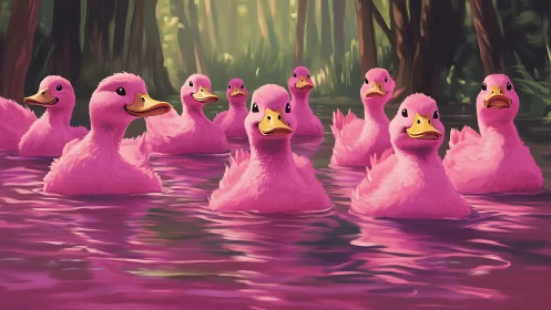 Pink ducklings swim through neon forest pond in formation