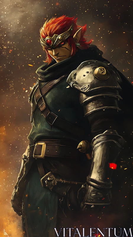 Armored red-haired warrior with pointed ears in emberscape.
