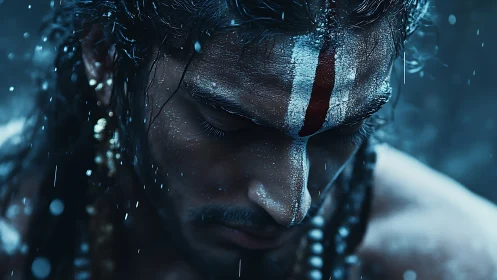 Portrait of wet man with forehead markings in rain.