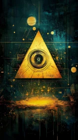 Golden cosmic triangle with orbiting planets and glowing core