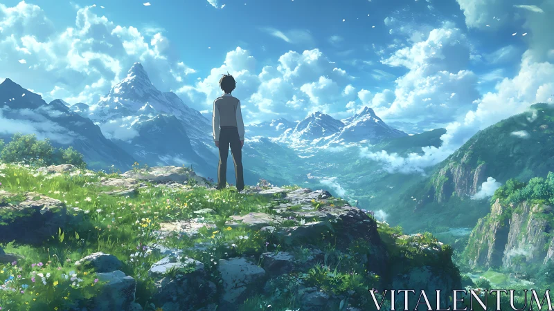 Quiet mountain morning with a hopeful wanderer gazing out.