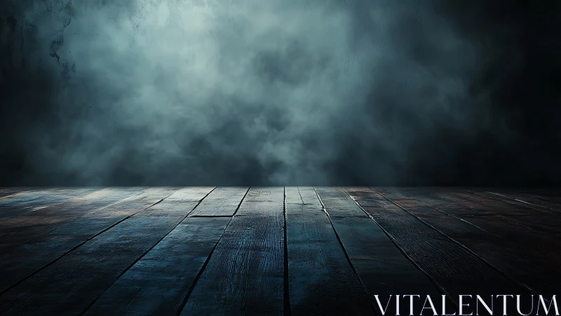 Empty wooden floor with dark foggy background interior scene.