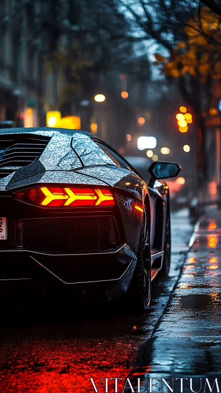 Rear view shows parked sports car in wet urban street