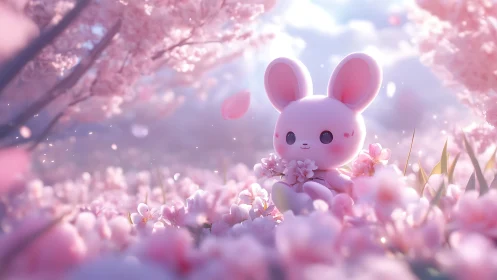 Cute pink bunny toy sitting in dreamy cherry blossoms field.