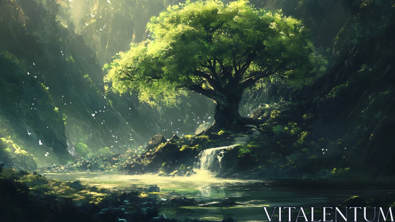 Ancient tree illuminated above waterfall in secluded forest basin