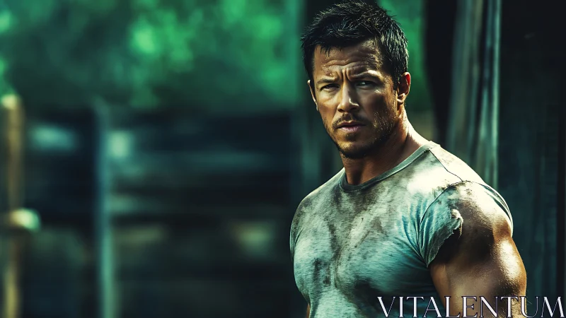 Weathered laborer stands against blurred rustic background