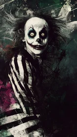 Wild striped ghoul grins through gritty splattered shadows