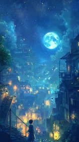 Child overlooks glowing hillside town under bright moon.