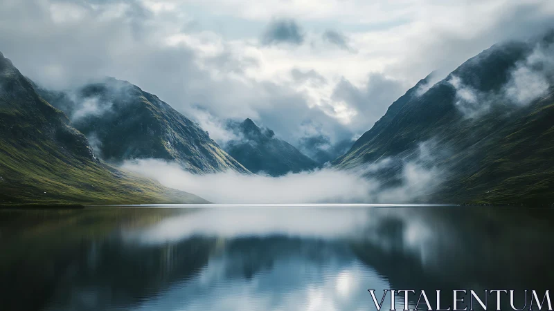 Symmetrical misted fjord landscape reflects in still mountain lake