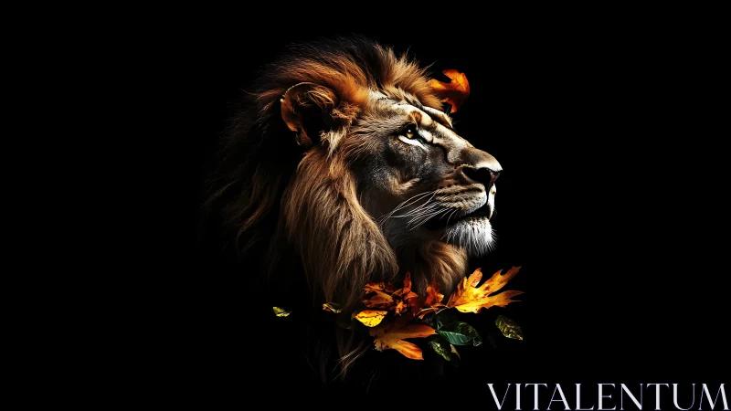 Lion profile rendered with autumn foliage on black background