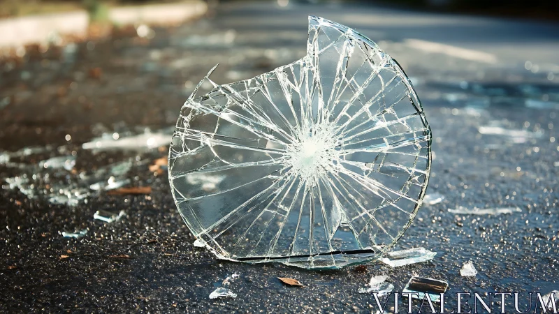 Shattered circular glass fragment on asphalt road surface.