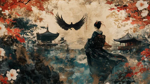 Solitary robed figure near lakeside pavilions with bird overhead.