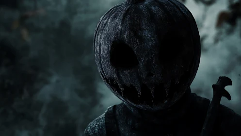 Sinister pumpkin-headed figure stands in eerie darkness.
