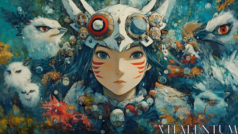 Forest warrior listens to winged guardians in painted storm