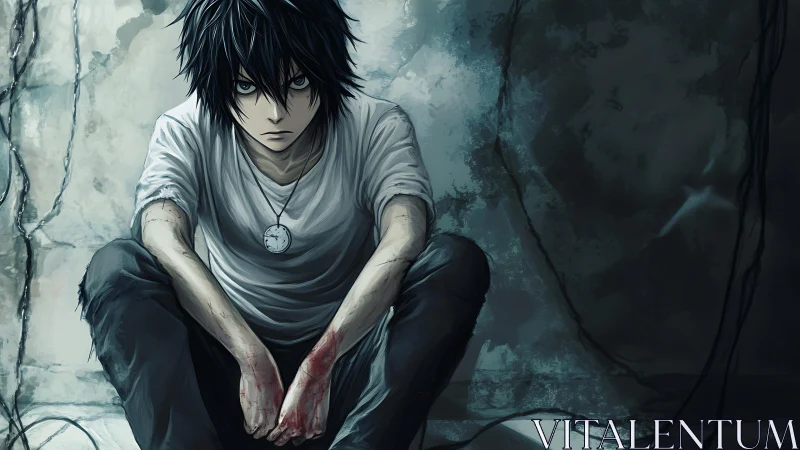 Seated figure with bloodstained hands in dim interior space