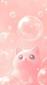 White cat with purple eyes surrounded by floating bubbles on pink background.