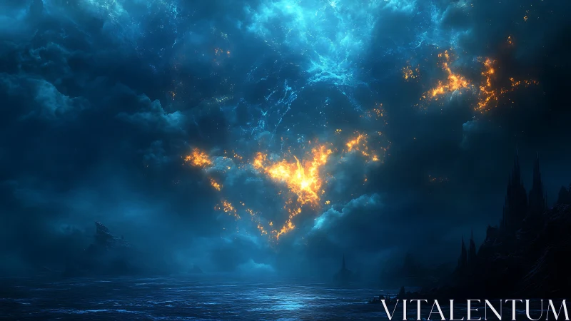 Volcanic sky illumination over dark oceanic landscape.