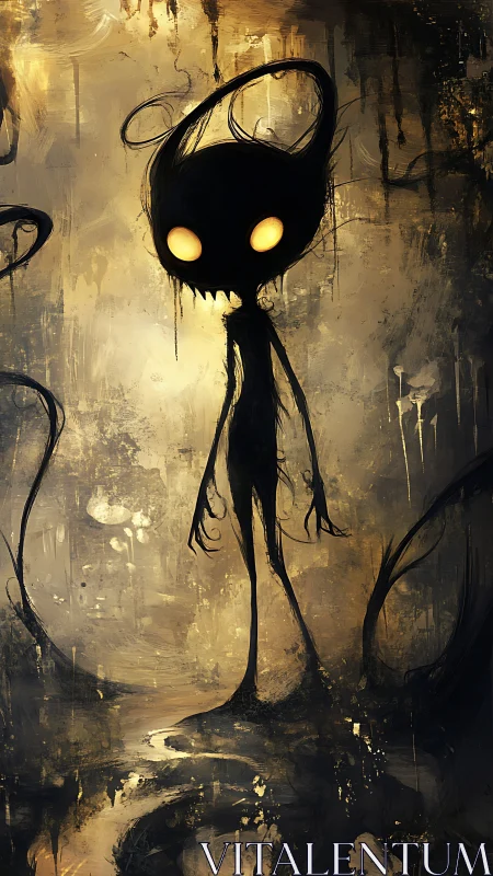 Shadow figure with glowing eyes stands in abstract landscape