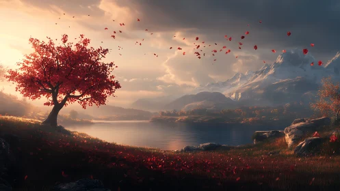 Red autumn tree by mountain lake under warm sunset light.
