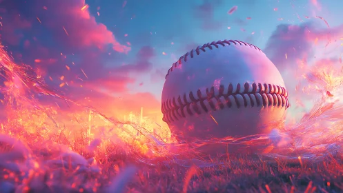 Luminous baseball ignites vivid neon twilight stadium field.