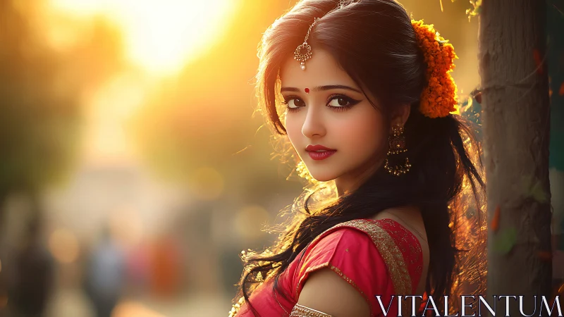 Elegant Indian woman in traditional attire, golden sunset portrait.