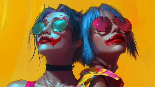 Dual-portrait neon joker aesthetic with saturated chromatic contrast