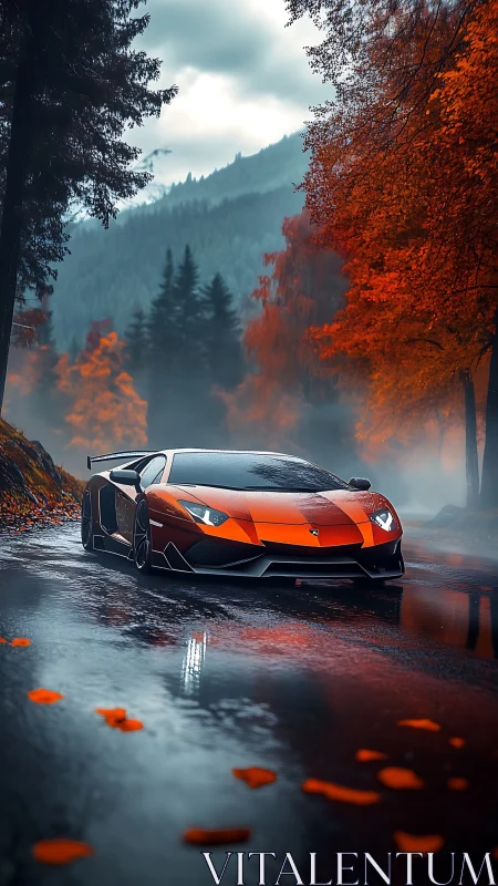Supercar intersects wet autumn forest road in cinematic mist
