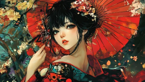 Geisha portrait framed by vivid red umbrella and blossoms