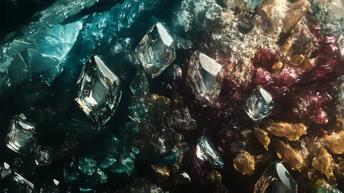 Macro crystalline cavern with multicolored refractive gemstones