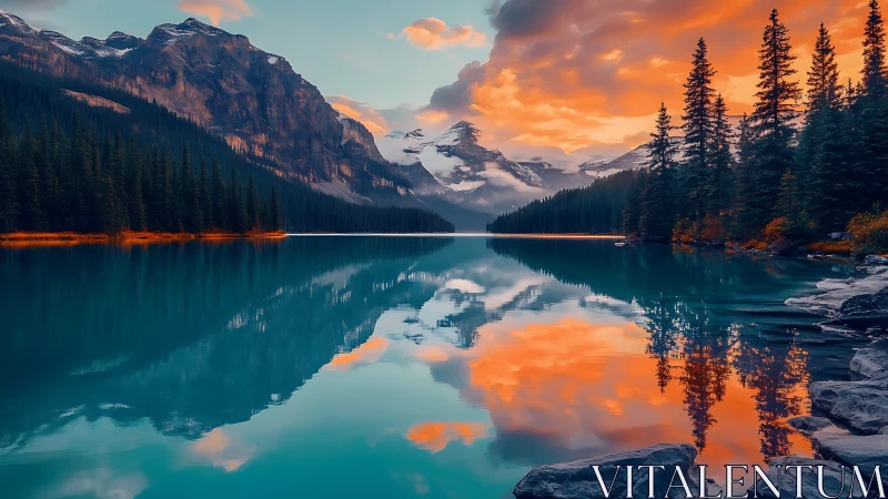Mountain lake with conifer forest and reflective sunset sky.