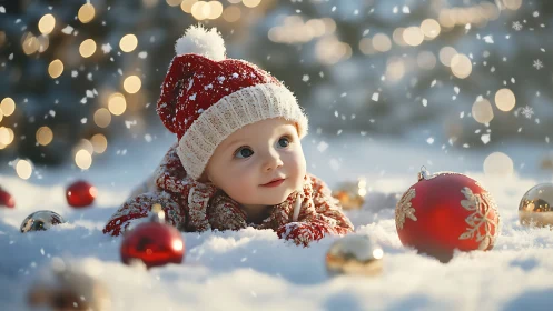 Joyful baby in snow gazes at Christmas lights and ornaments