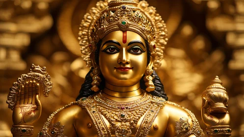 Golden Hindu goddess statue glows with ornate divine detail