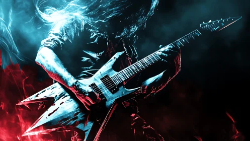 Blazing electric guitar solo framed in fire and cool mist.