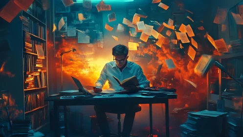 Midnight scholar in a storm of glowing ideas and pages.
