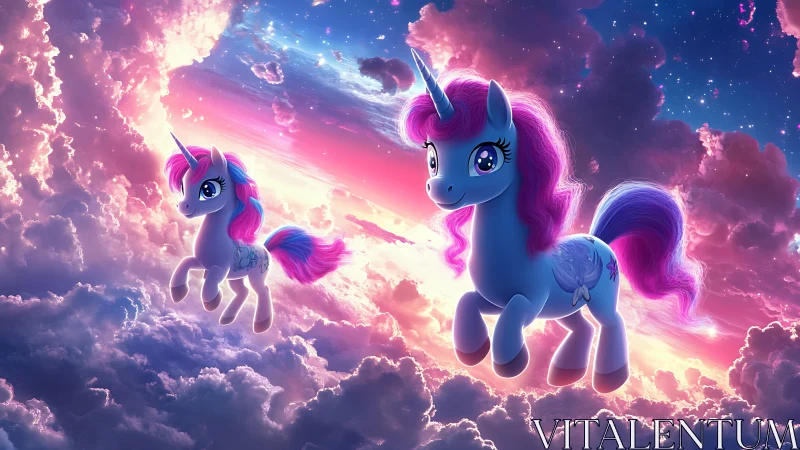 Glowing pastel unicorn duo traverses iridescent nebula clouds
