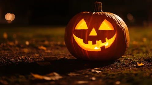 Illuminated carved pumpkin outdoors at night on grass surface.