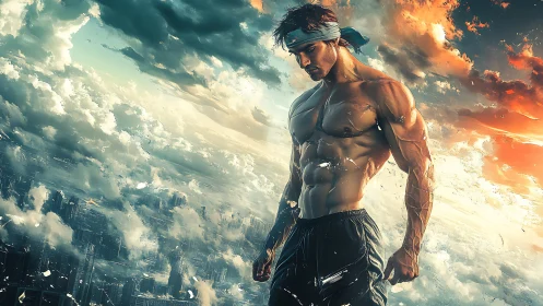 Skyline warrior strides through shattered stormlight above city.