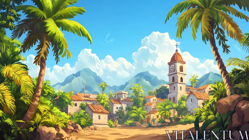 Tropical Colonial Village With Church Tower.
