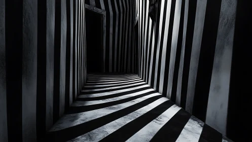 Monochrome striped corridor with converging vertical lines.
