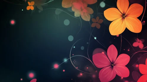 Digital floral composition with stylized flowers and bokeh elements.