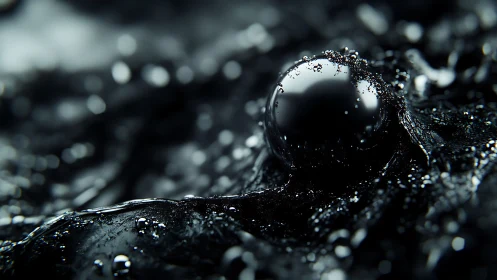 Macro view of glossy black liquid droplet on textured surface.