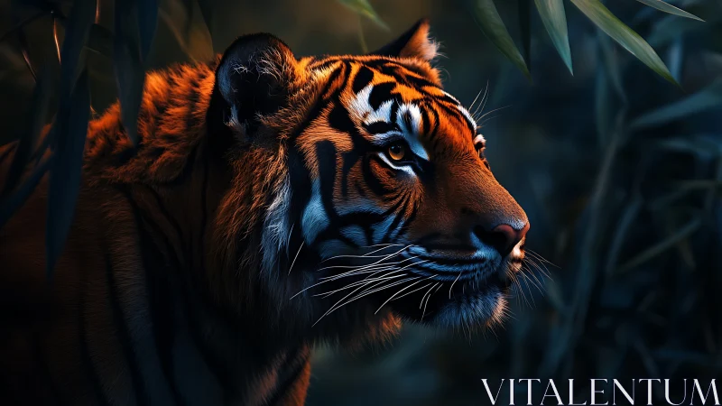 Majestic tiger gazes softly through shadowed jungle leaves